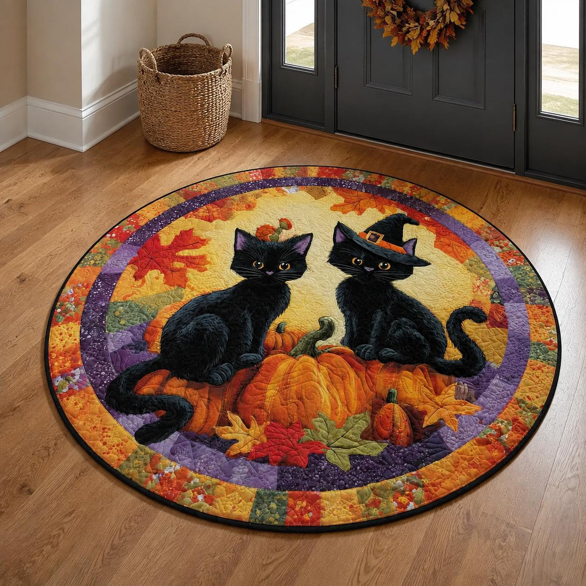 Black Cat Witch Halloween Round Rug
