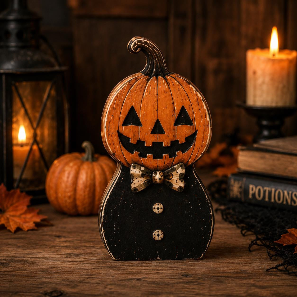 Halloween Wooden Block Set, Spooky Character Decor, Pumpkin Cat Ghost Shelf Sitter, Rustic Halloween Tiered Tray Decor