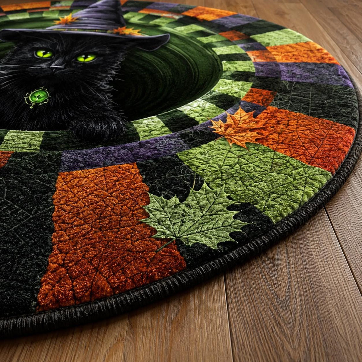 3D Black Cat Witch Halloween Round Rug
