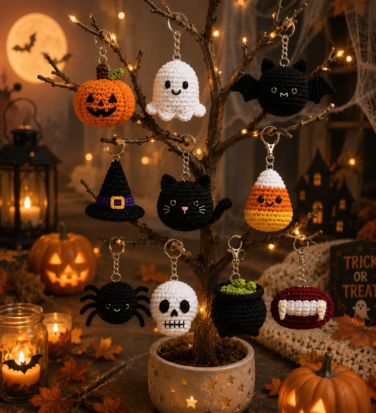 Halloween Crochet Keychain,Cute Ghost Pumpkin Bat Cat Spider Candy Corn Skull Witch Cauldron Vampire Fangs,Halloween Bag Charm, Gift for her