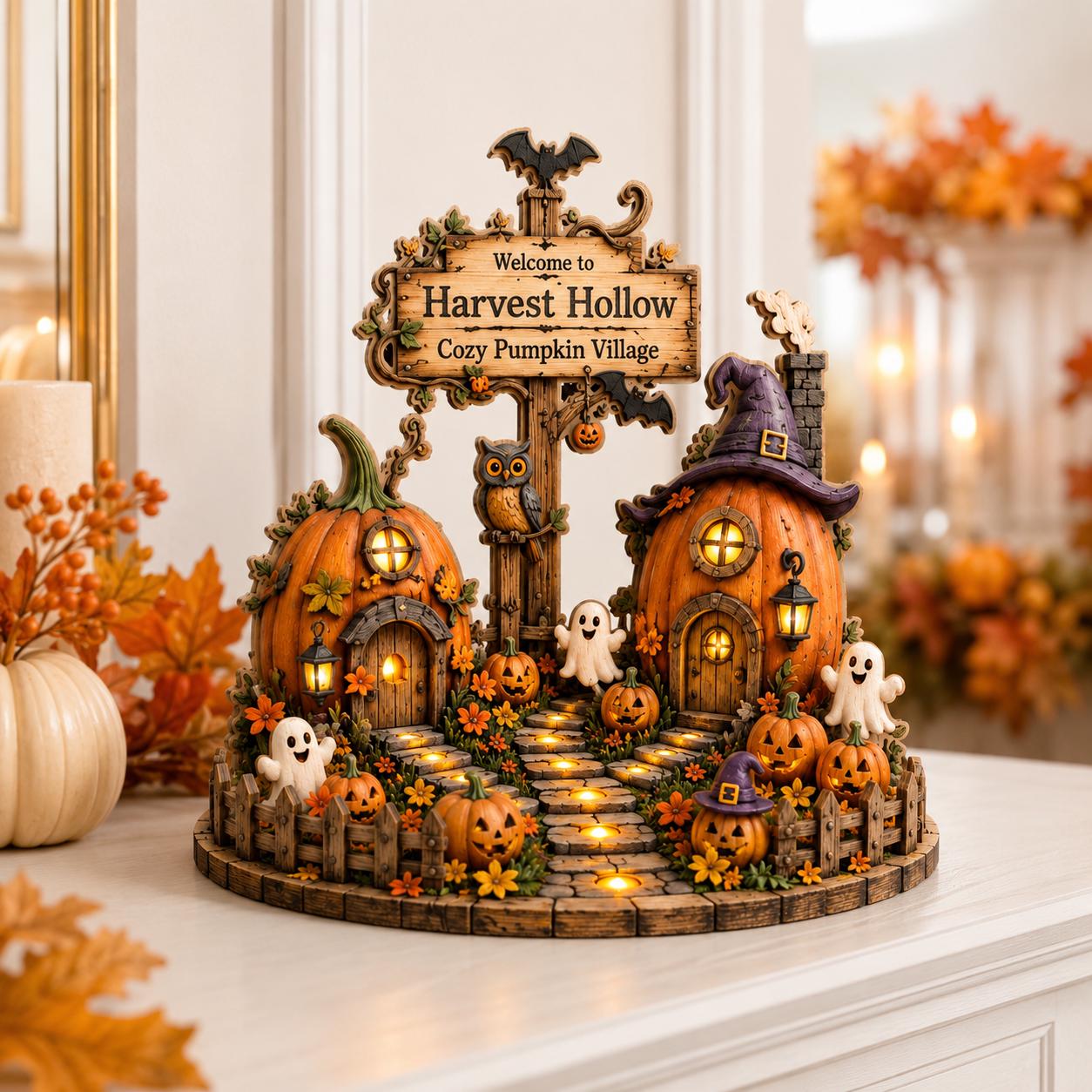 Halloween Pumpkin Village Wood Block, Cozy Fall Harvest Shelf Decor