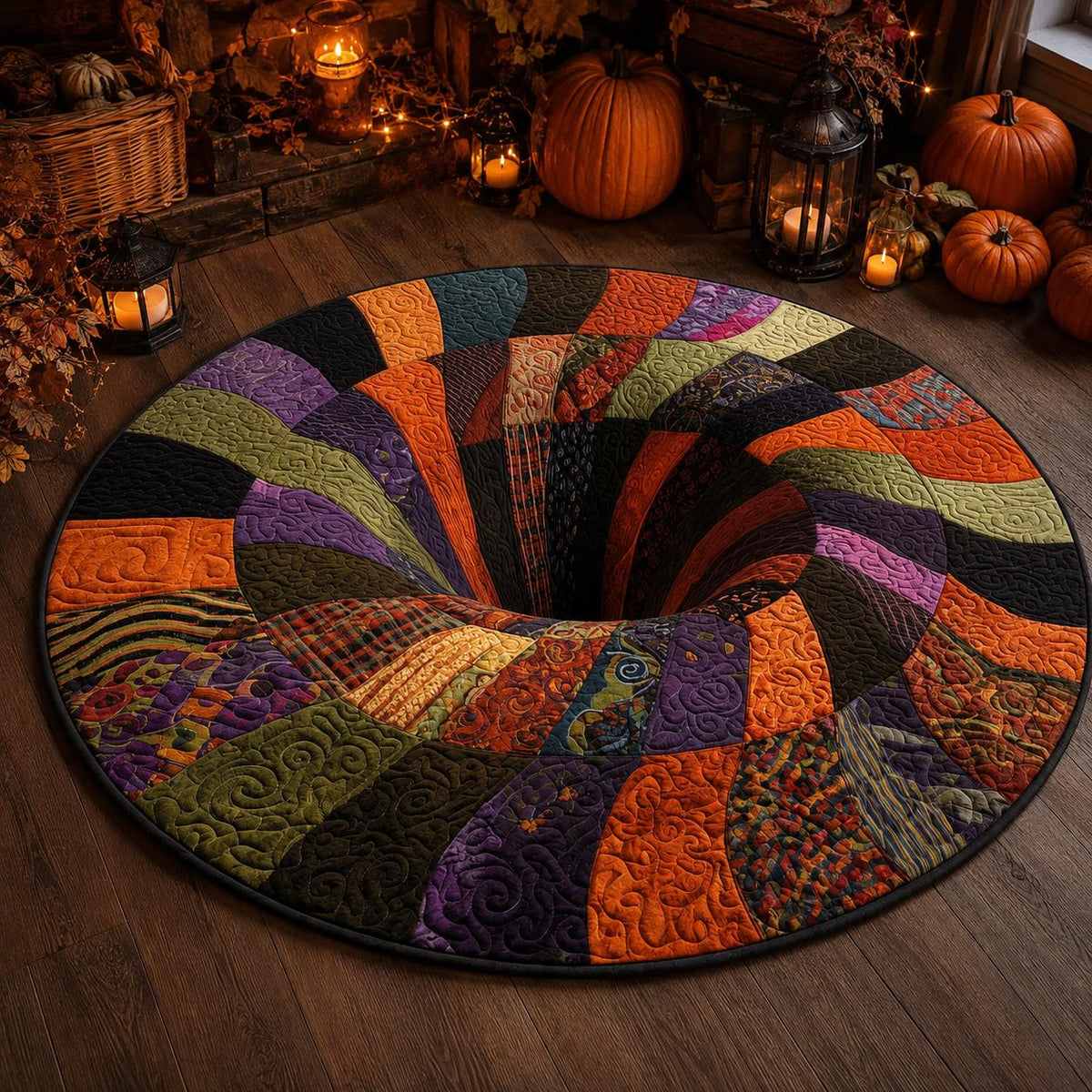 3D Patchwork Spiral Halloween Round Rug