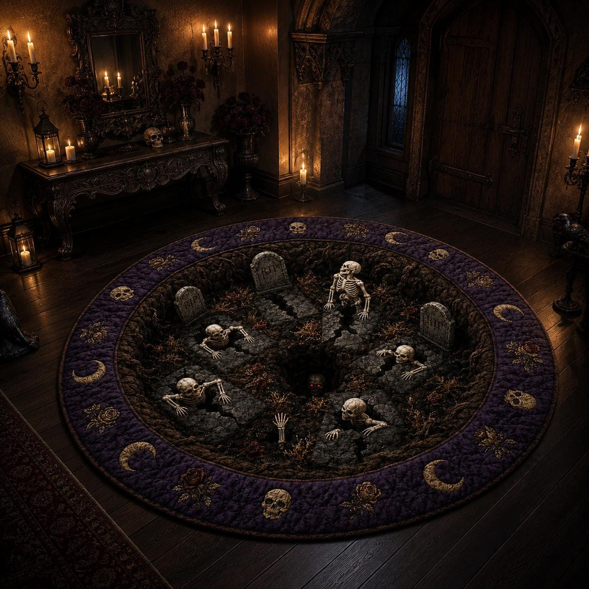3D Skeleton Graveyard Halloween Round Rug
