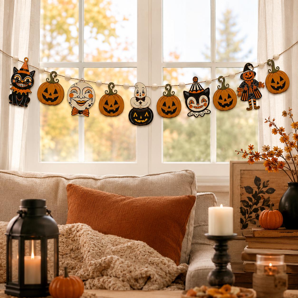 Retro Halloween Faces Wooden Garland, Black Cat Pumpkin Ghost Clown and Scarecrow Banner, Vintage Spooky Mantel and Wall Hanging Home Decor