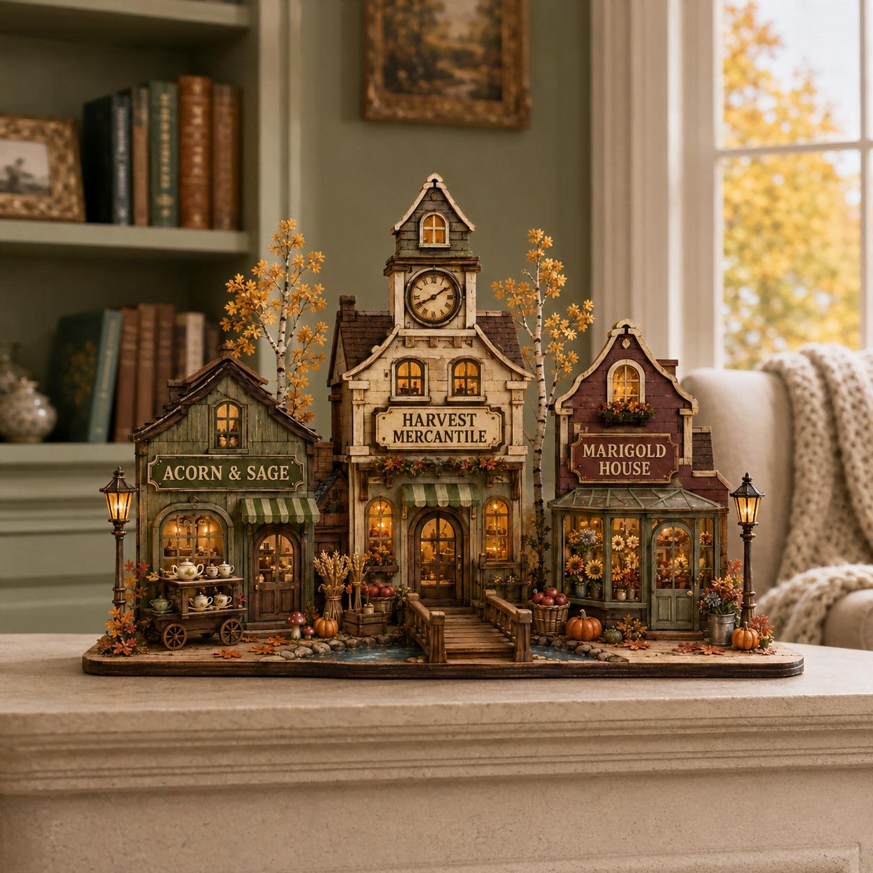 Personalized Autumn Village Wood Block, Harvest Town Fall Shelf Decor