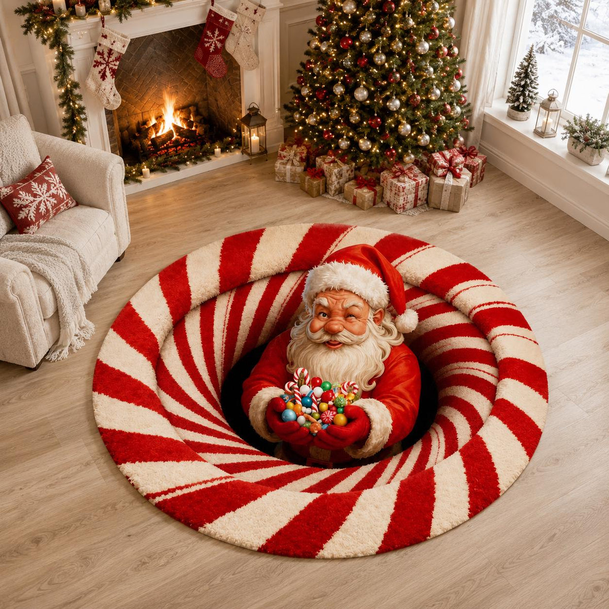 3D Santa Candy Cane Christmas Round Rug