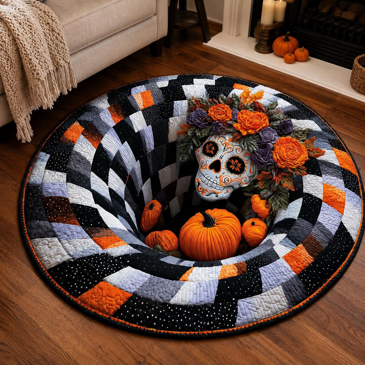 3D Sugar Skull Halloween Rug, Round Floral Skull Optical Illusion Rug