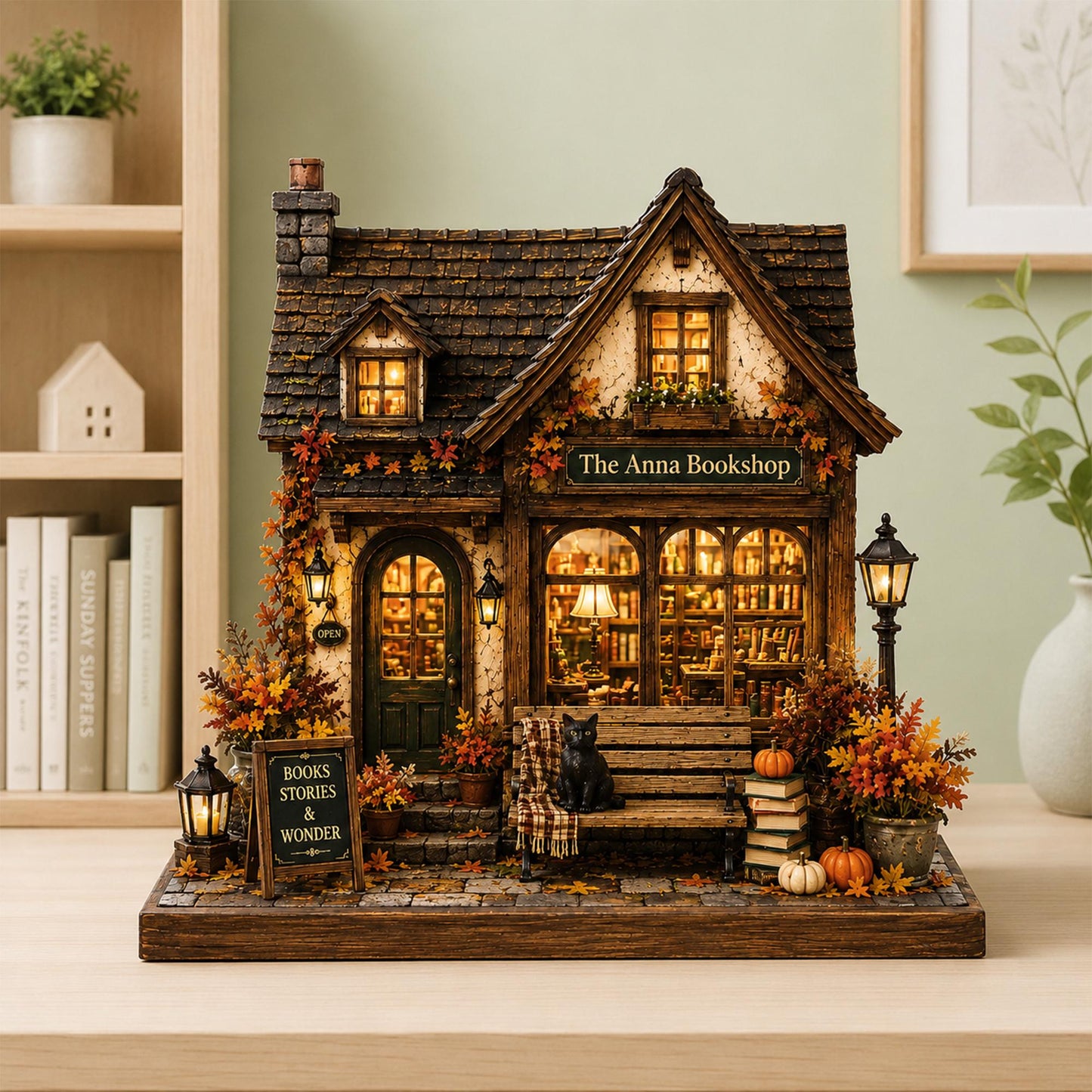 Personalized Fall Bookshop Wood Block, Cozy Autumn House Shelf Decor