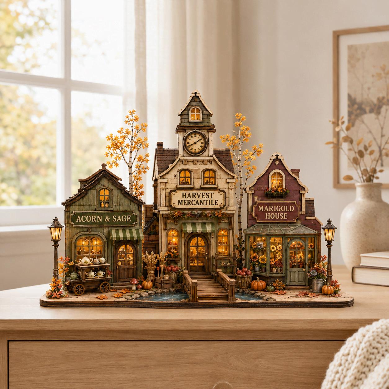 Personalized Autumn Village Wood Block, Harvest Town Fall Shelf Decor