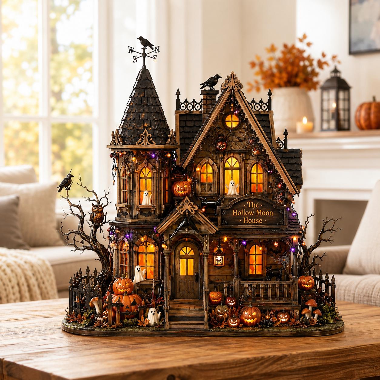 Personalized Haunted House Wood Block, Gothic Halloween Shelf Decor
