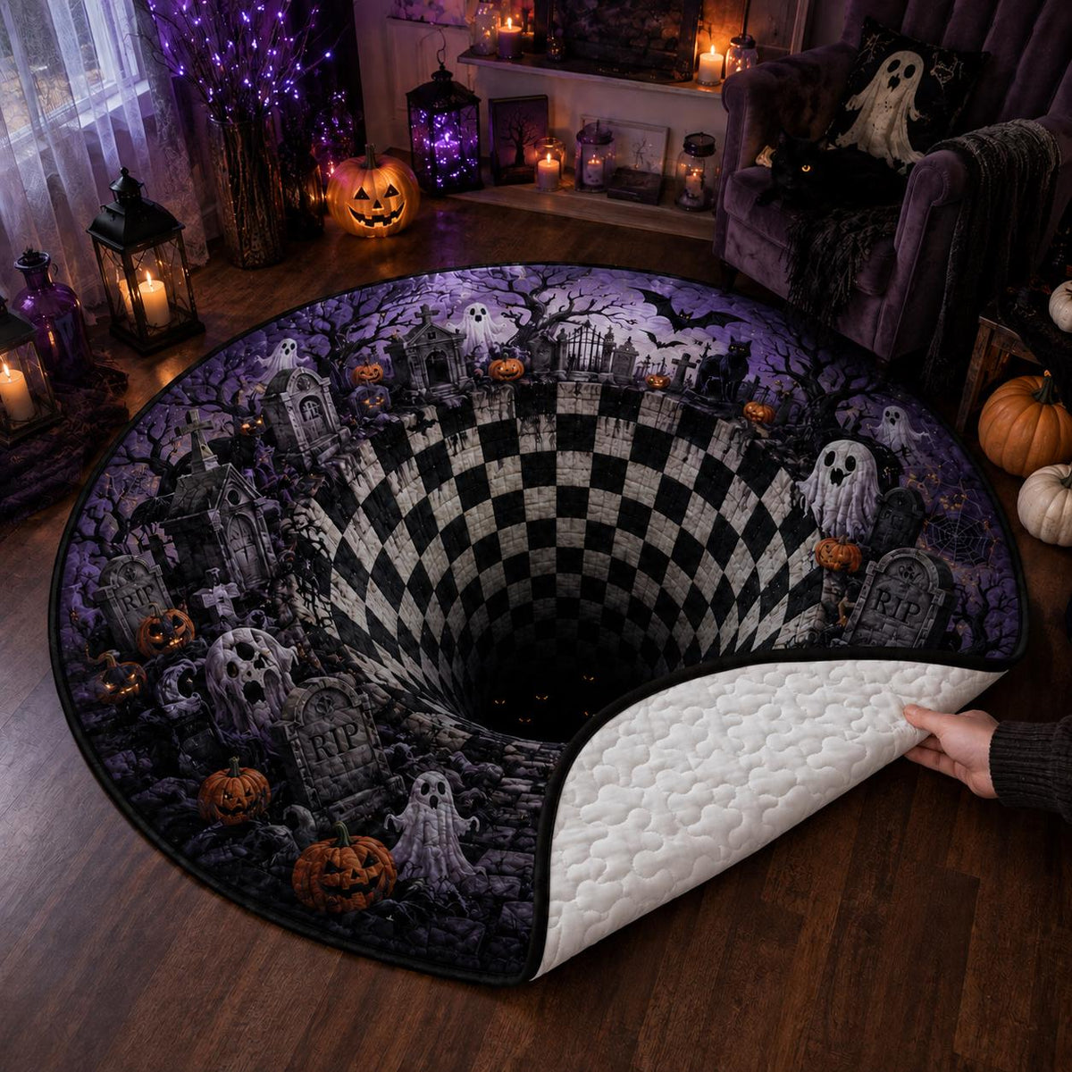 3D Haunted Graveyard Halloween Round Rug