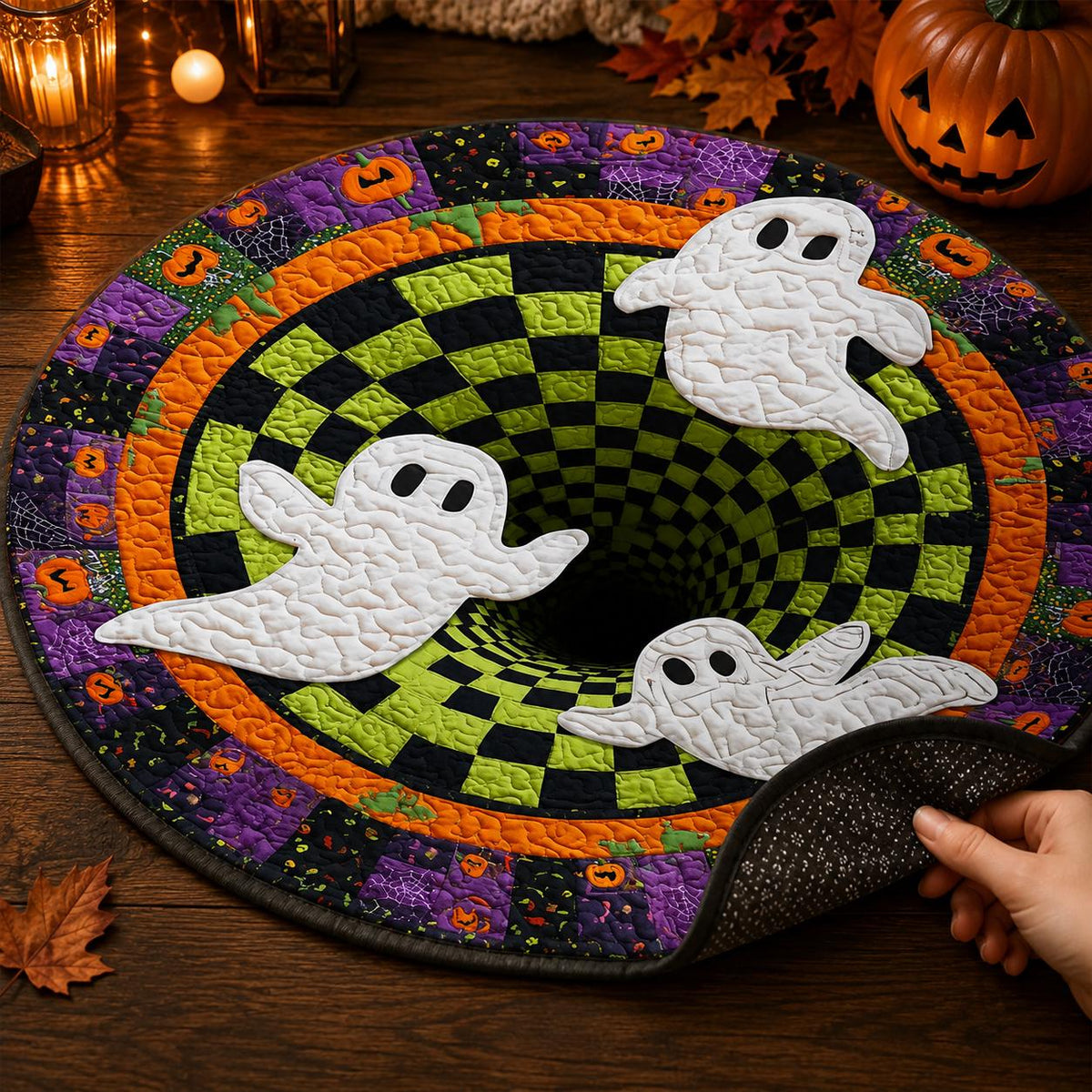 3D Ghost Halloween Rug, Round Spooky Checkerboard Optical Illusion Rug