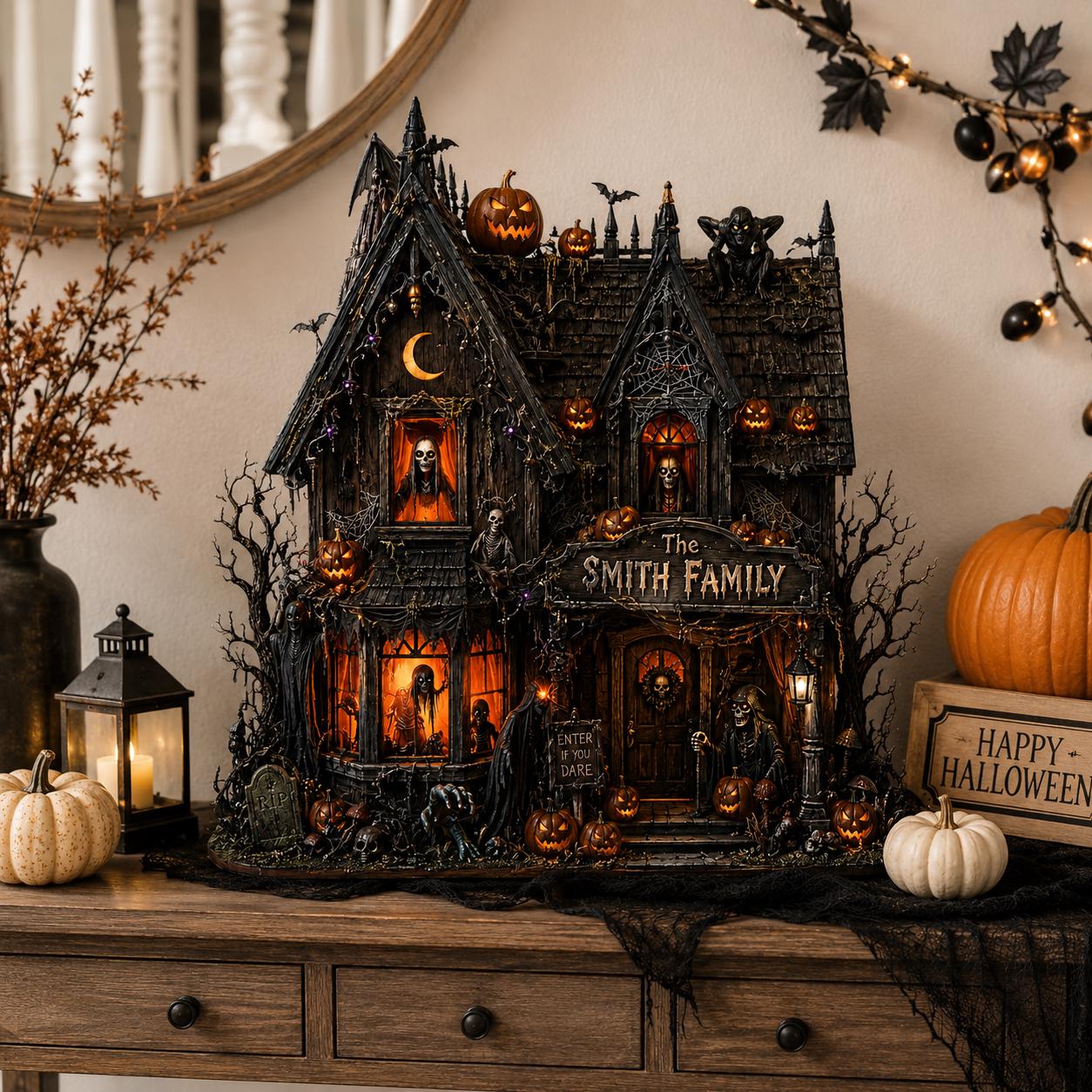 Personalized Haunted House Wood Block, Gothic Halloween Shelf Decor