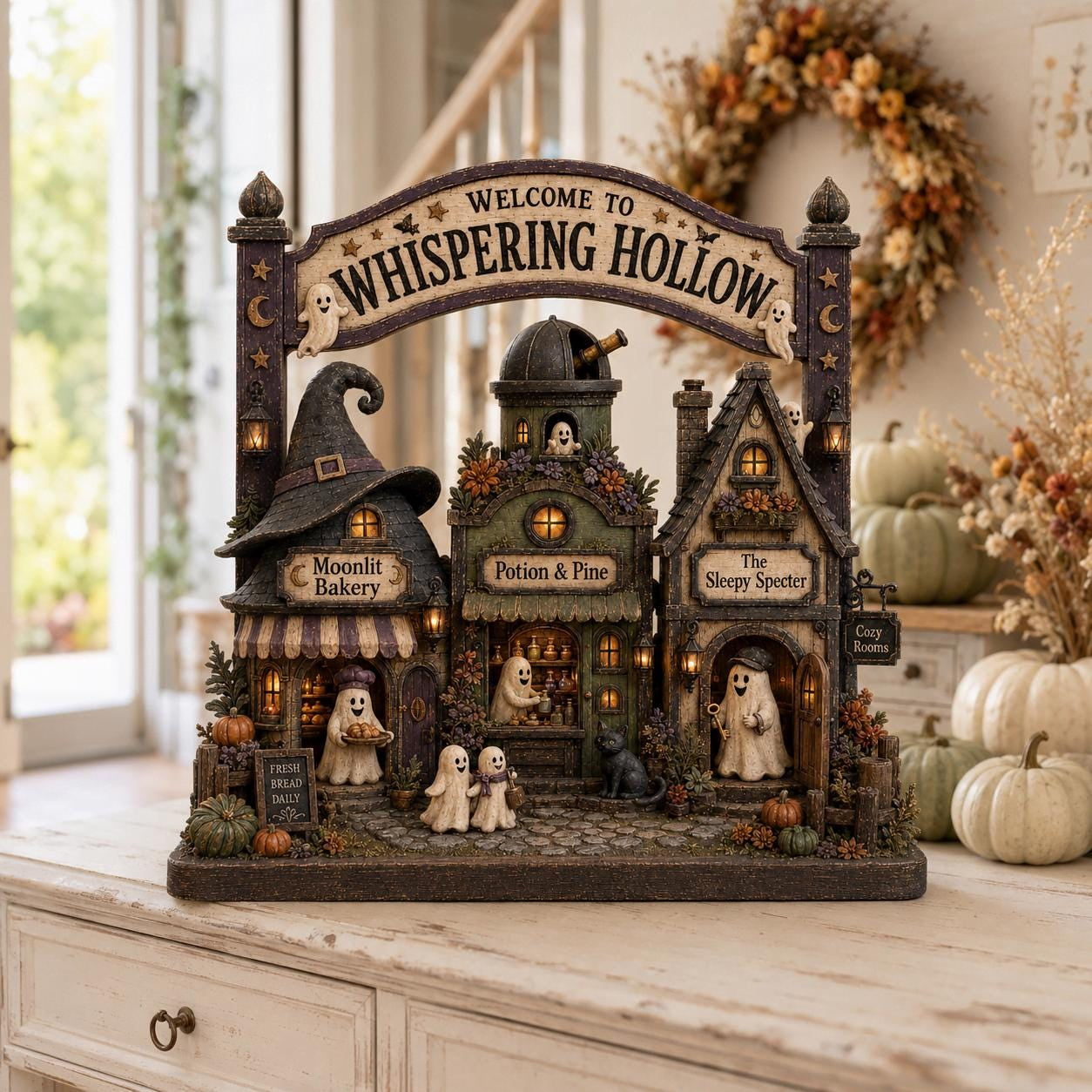 Personalized Halloween Village Wood Block, Ghost Town Shelf Decor