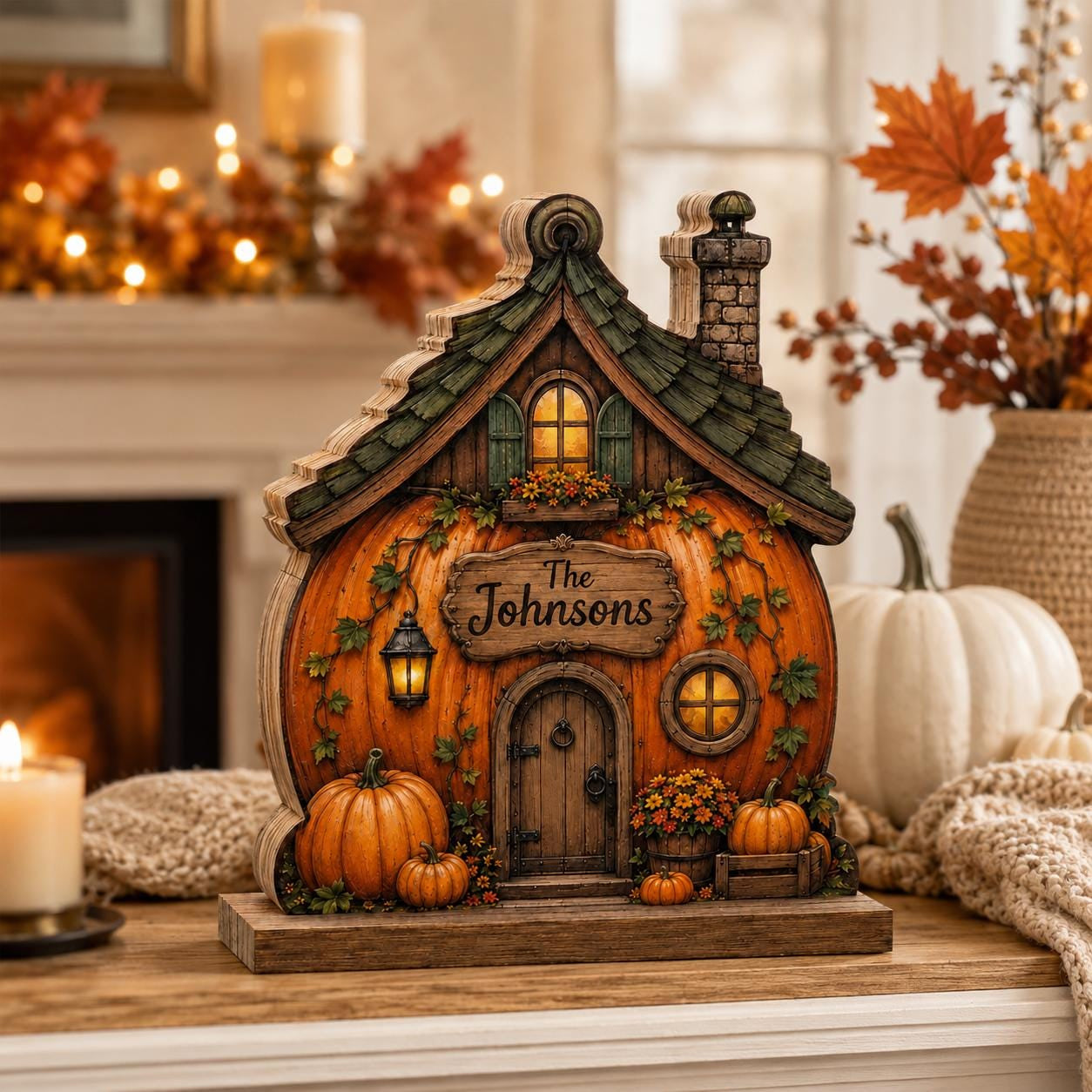 Personalized Pumpkin House Wood Block, Custom Fall Cottage Decor