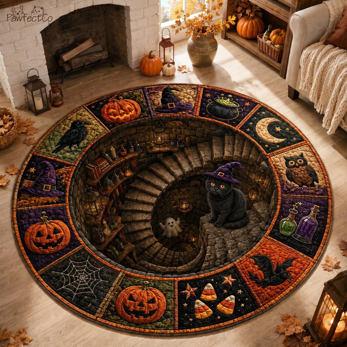 3D Black Cat Halloween Round Rug