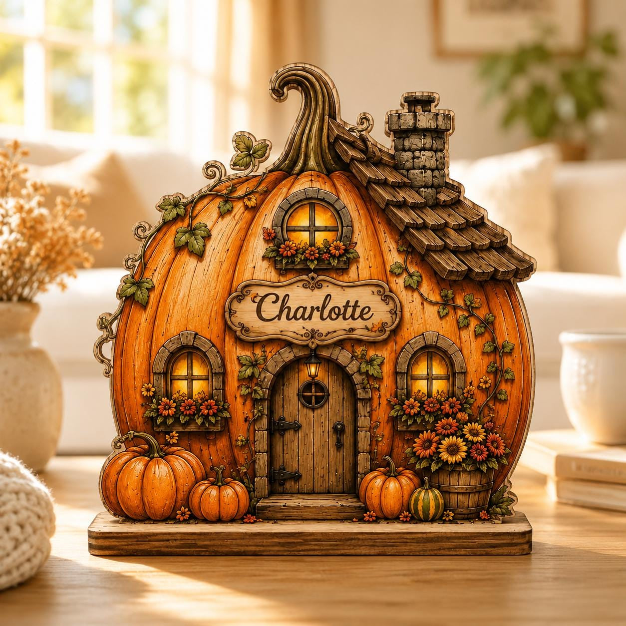 Personalized Pumpkin House Wooden Block, Custom Family Name Fall Decor, Autumn Cottage Shelf Sitter, Thanksgiving Home Gift