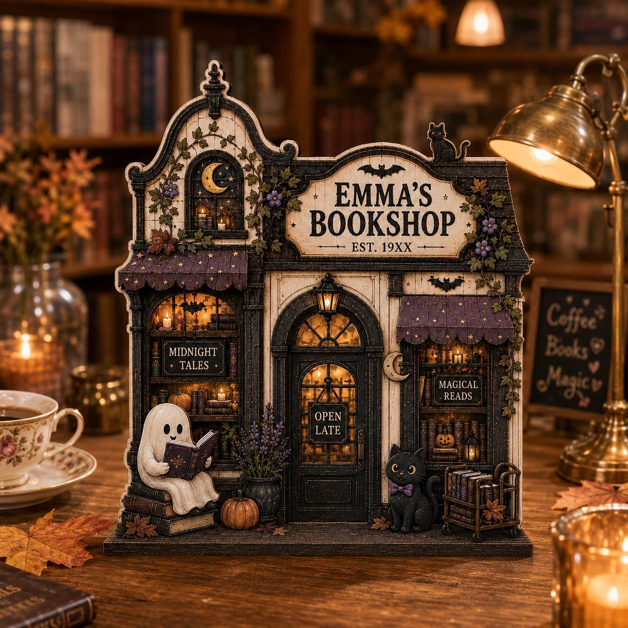 Personalized Ghost Reading Bookshop Sign, Spooky Miniature Shelf Display, Book Lover Decor, Halloween Gift