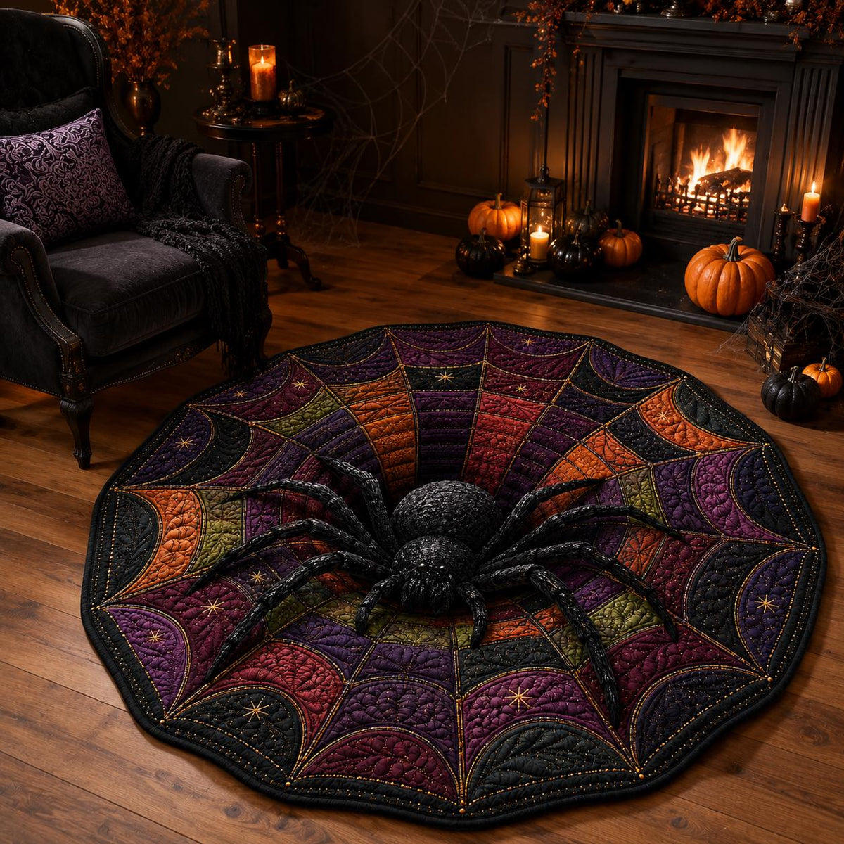 3D Spider Web Halloween Round Rug