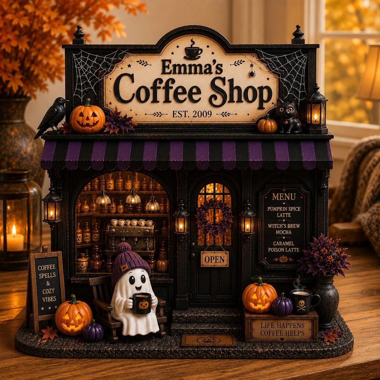 Personalized Ghost Coffee Shop Wood Sign, Spooky Halloween Shelf Decor