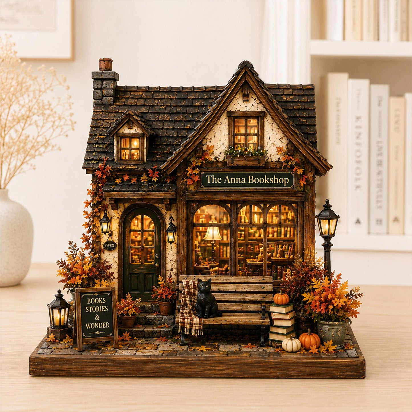 Personalized Fall Bookshop Wood Block, Cozy Autumn House Shelf Decor
