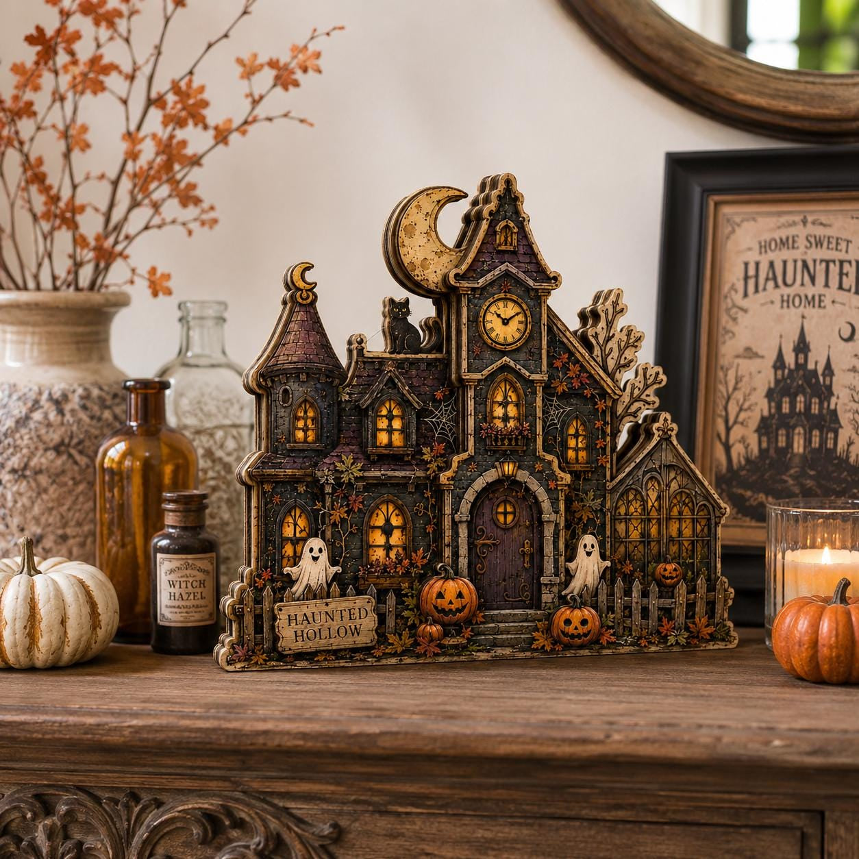 Personalized Haunted House Wooden Block, 2D Halloween Shelf Sitter, Spooky Gothic Home Decor, Ghost Pumpkin Mantel Decoration