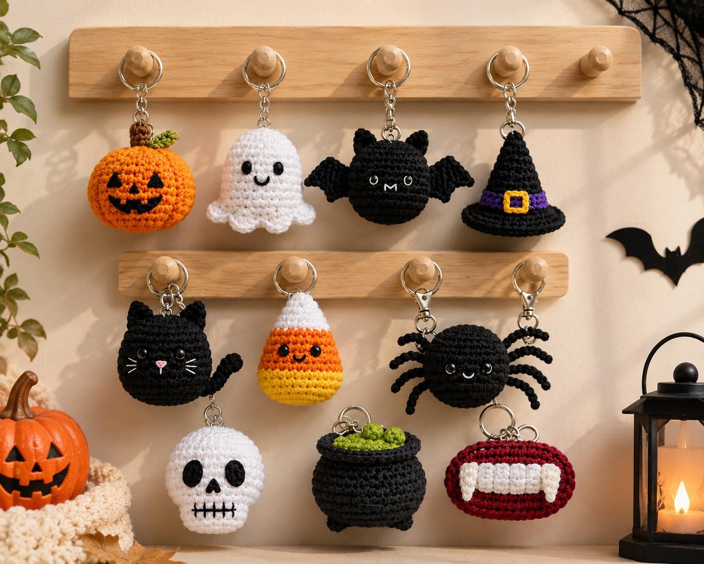 Halloween Crochet Keychain,Cute Ghost Pumpkin Bat Cat Spider Candy Corn Skull Witch Cauldron Vampire Fangs,Halloween Bag Charm, Gift for her