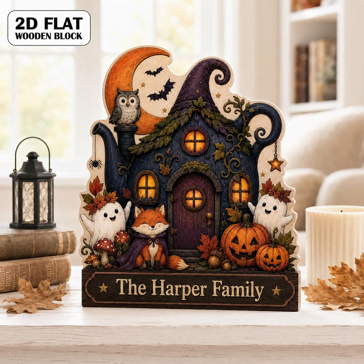 Personalized Witch House Wood Block, Fox Halloween Family Name Decor