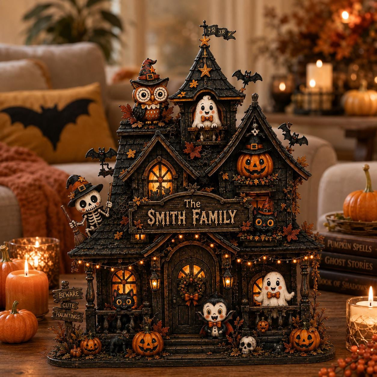 Personalized Haunted House Wood Block, Custom Family Halloween Decor