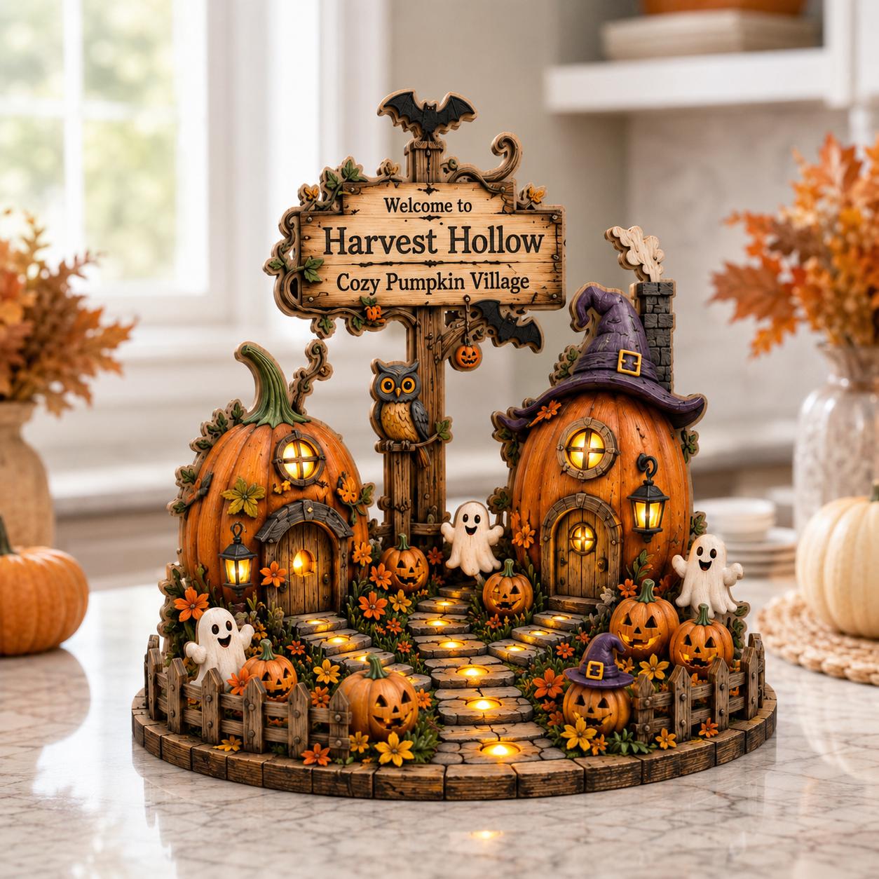 Halloween Pumpkin Village Wood Block, Cozy Fall Harvest Shelf Decor