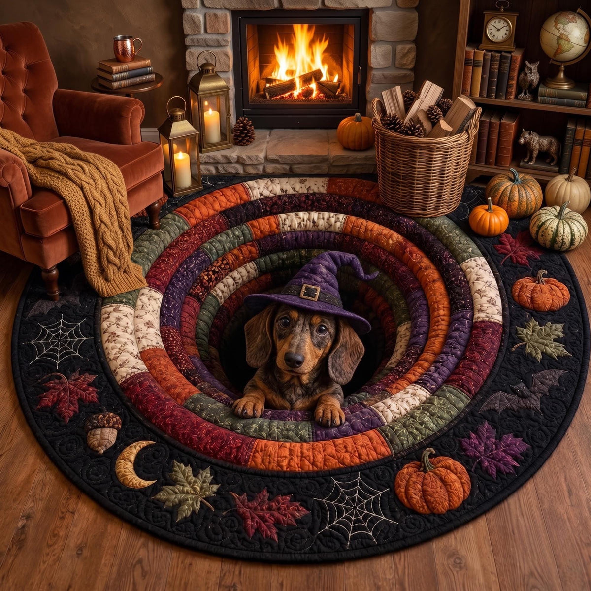 3D Dachshund Halloween Round Rug