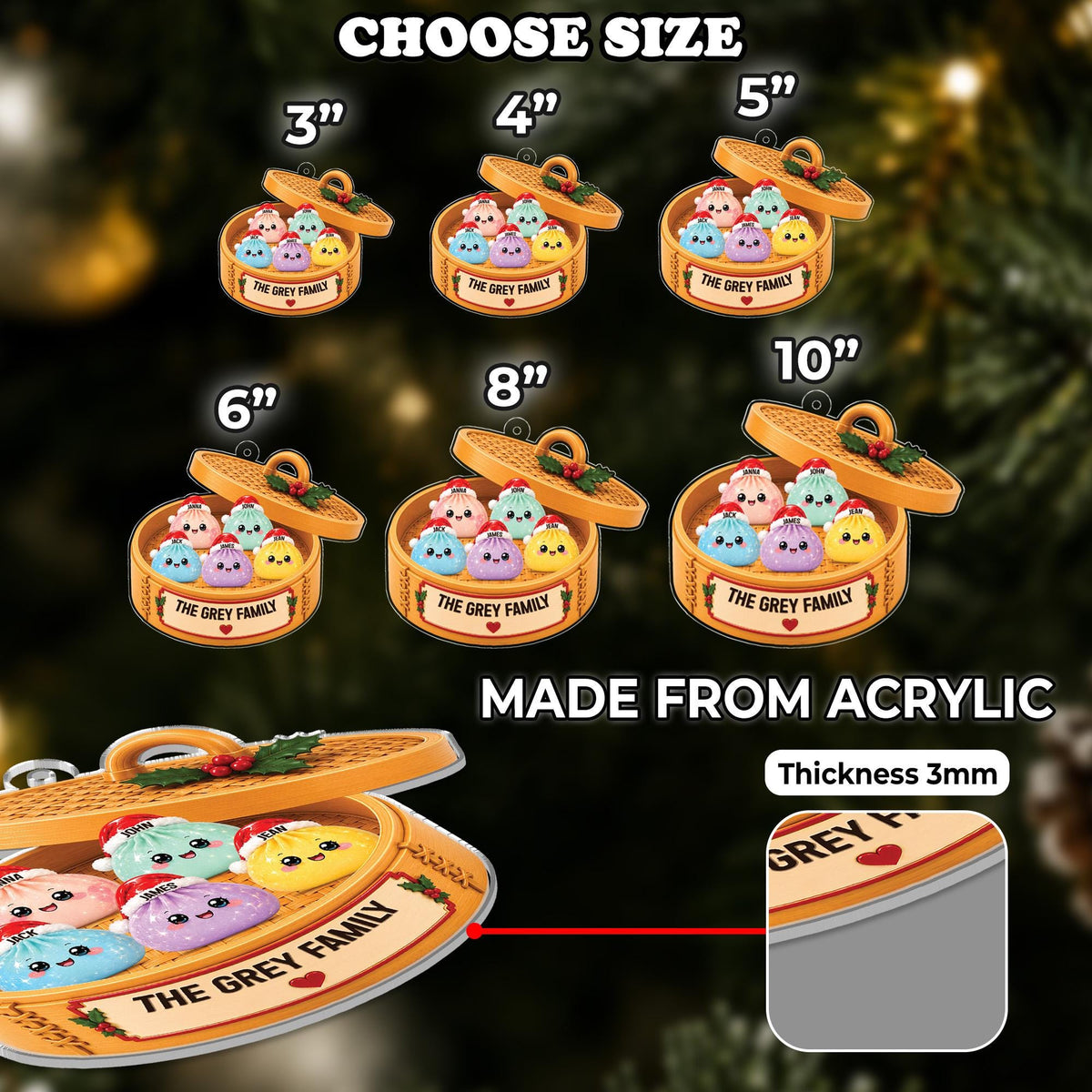 Personalized Glitter Dumpling Ornament,Dim Sum Acrylic Family Ornament