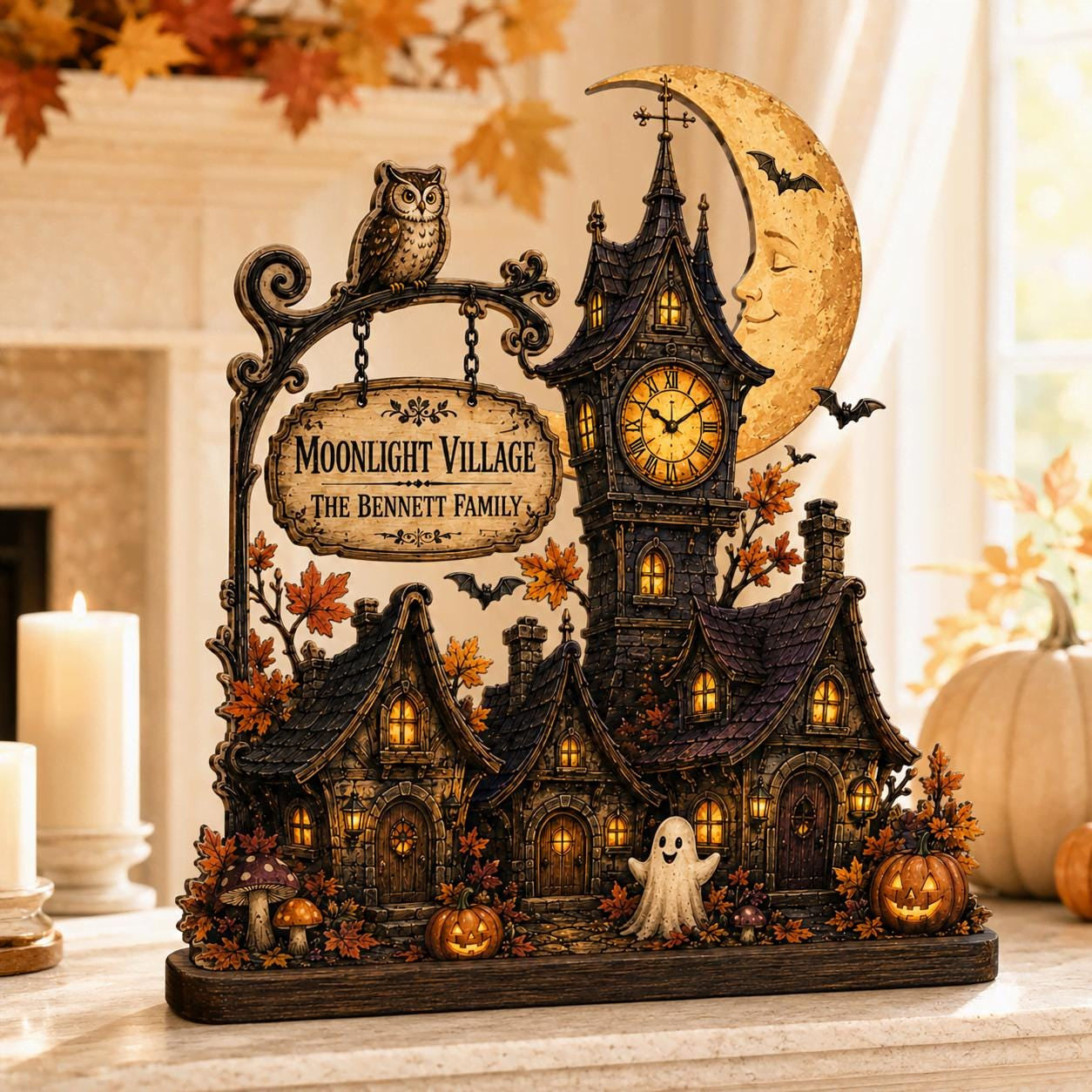 Personalized Halloween Clock Tower Wood Block, Custom Village Decor