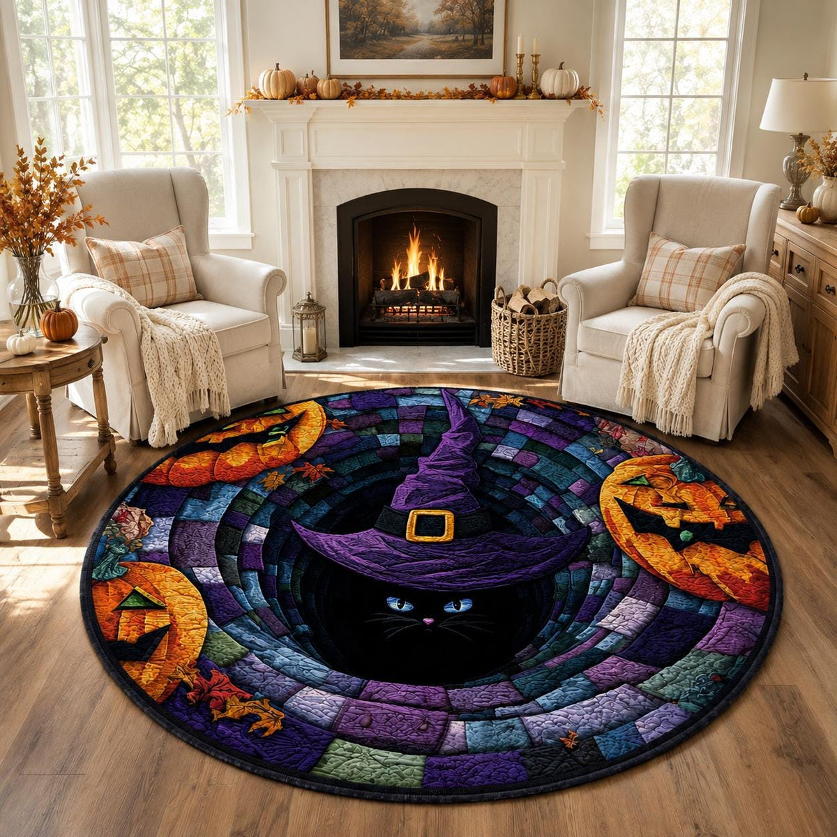 3D Black Cat Witch Halloween Round Rug