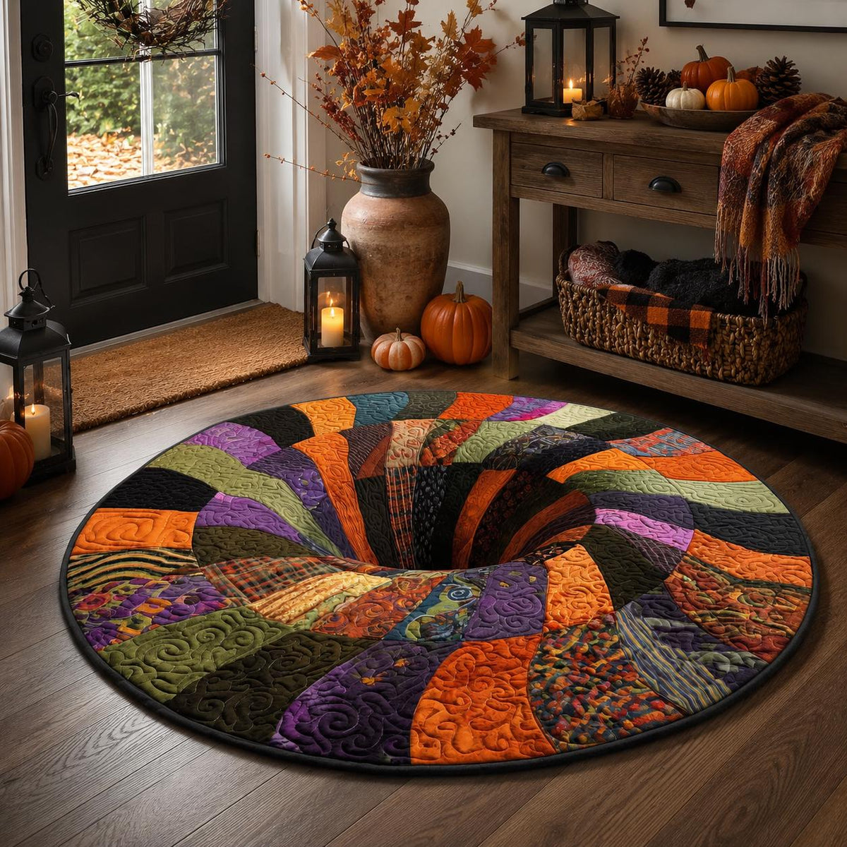3D Patchwork Spiral Halloween Round Rug