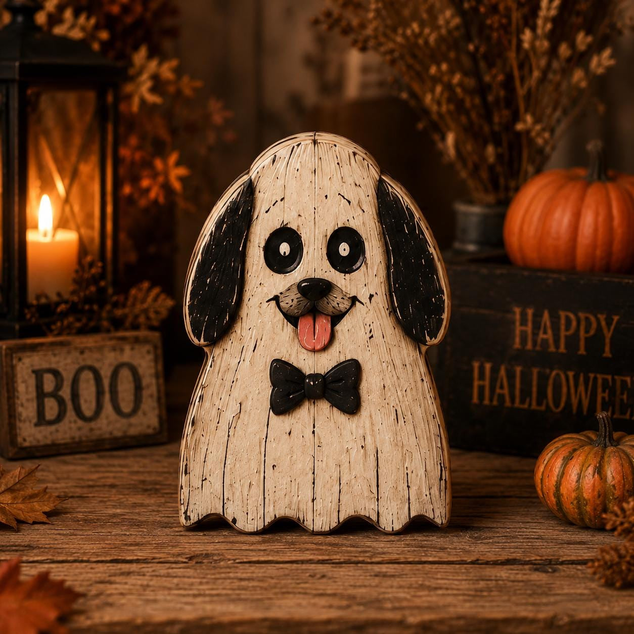Halloween Wooden Block Set, Spooky Character Decor, Pumpkin Cat Ghost Shelf Sitter, Rustic Halloween Tiered Tray Decor