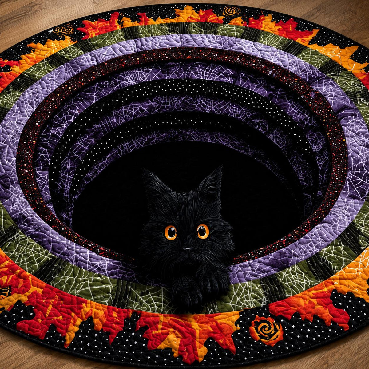 3D Black Cat Halloween Rug, Round Spooky Cat Portal Area Rug
