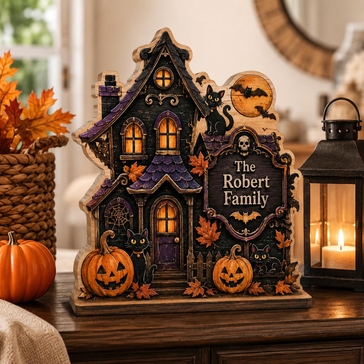 Personalized Black Cat Haunted House Wood Block, Family Halloween Decor