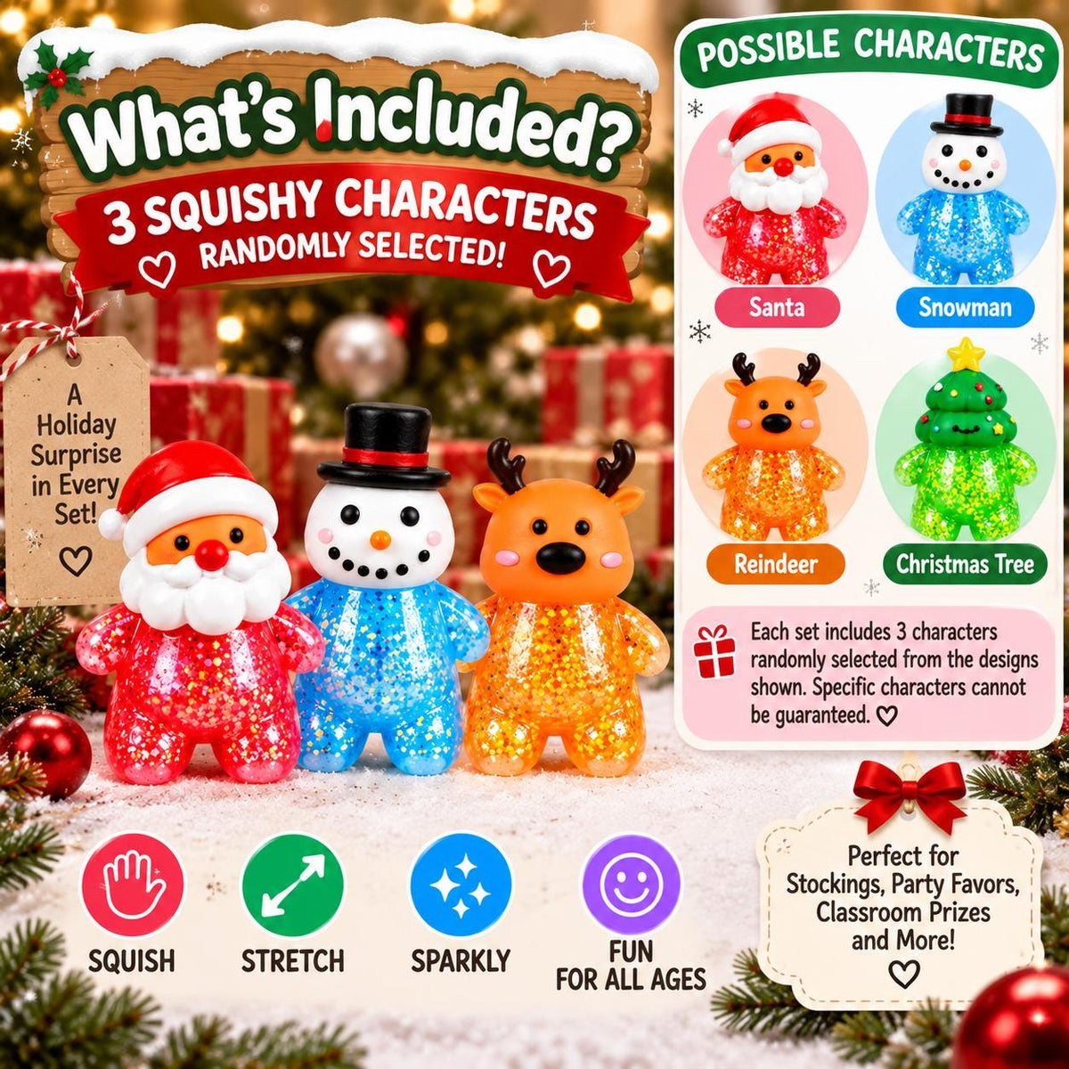 Christmas Squishy Toy Set, 3 Holiday Character Squishie