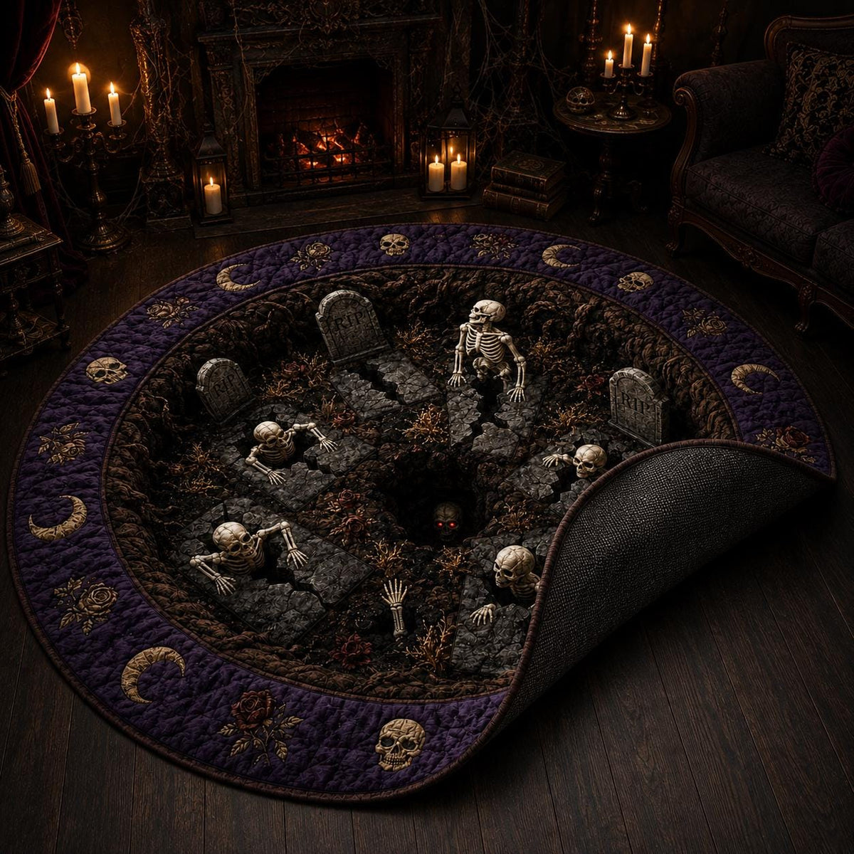3D Skeleton Graveyard Halloween Round Rug