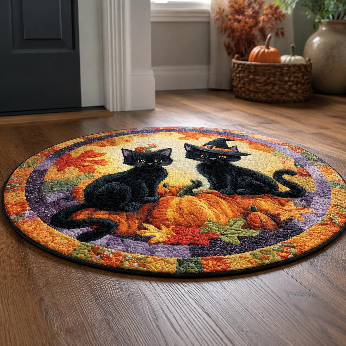 Black Cat Witch Halloween Round Rug