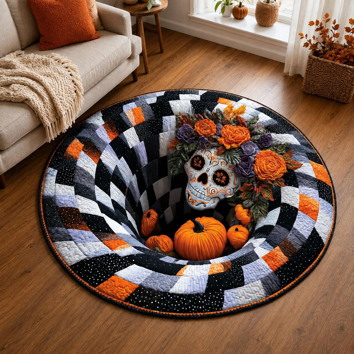 3D Sugar Skull Halloween Rug, Round Floral Skull Optical Illusion Rug