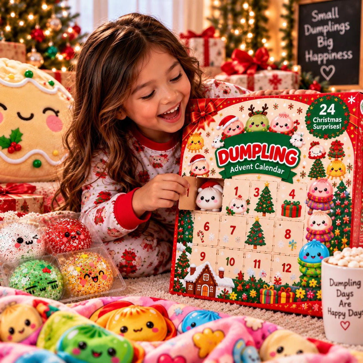 Dumpling Christmas Gift Set, 24 Day Squishy Advent Calendar, Cozy Blanket & Plush Dumpling Pillow, Cute Holiday Gift for Kids