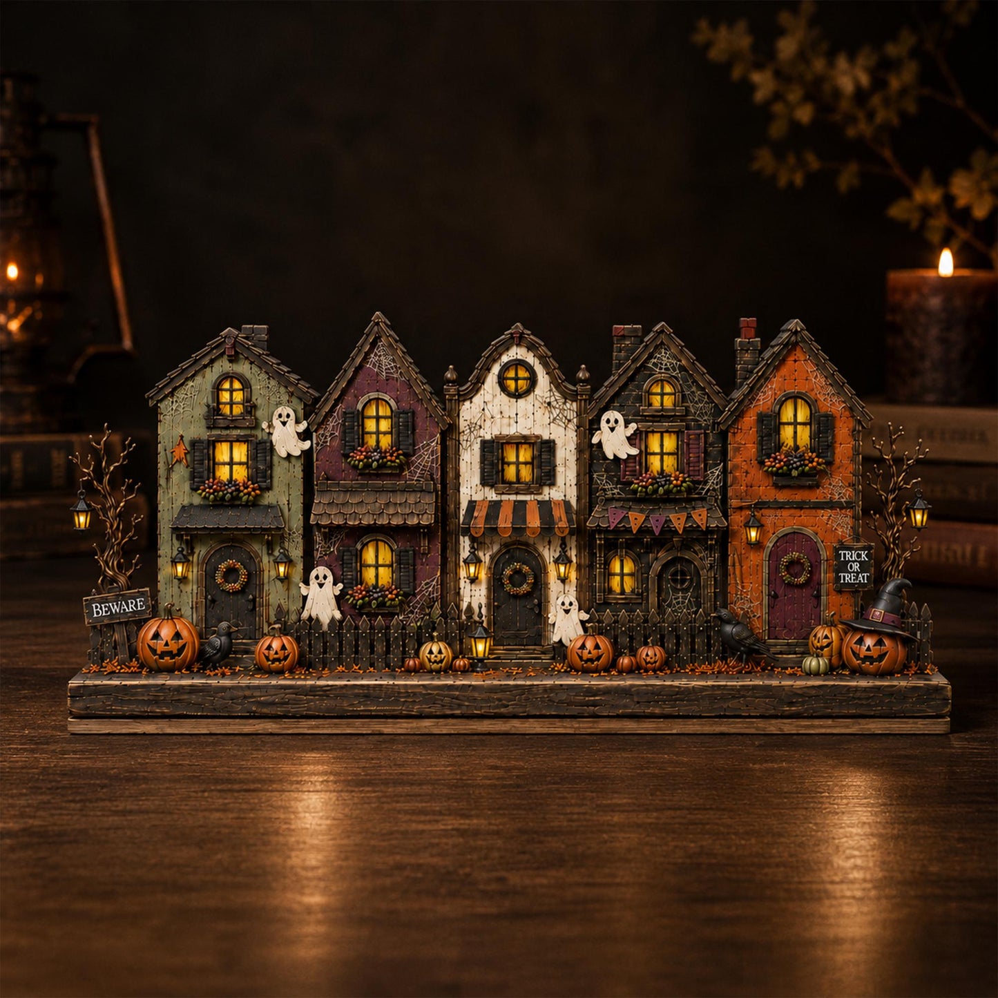 Personalized Village Halloween House Wood Sign, Custom Spooky Ghost Shelf Display, Halloween Gift For Family, Gothic Decor