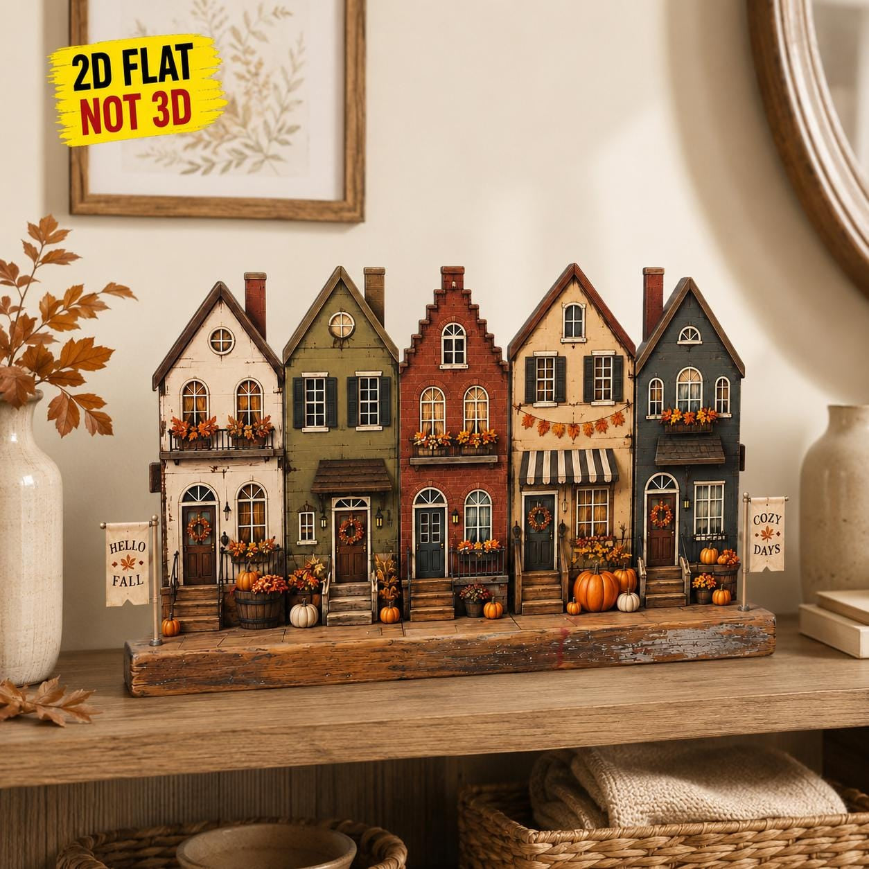 Personalized Fall Town Wooden Block, Autumn Village Decor, Custom Family Name Sign, Pumpkin Harvest Shelf Sitter Decor