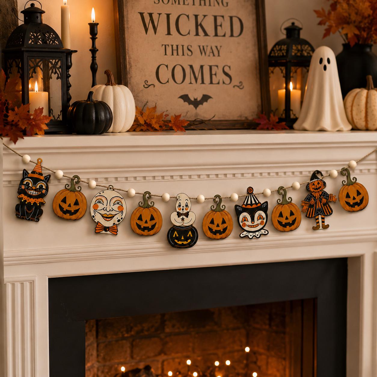 Retro Halloween Faces Wooden Garland, Black Cat Pumpkin Ghost Clown and Scarecrow Banner, Vintage Spooky Mantel and Wall Hanging Home Decor