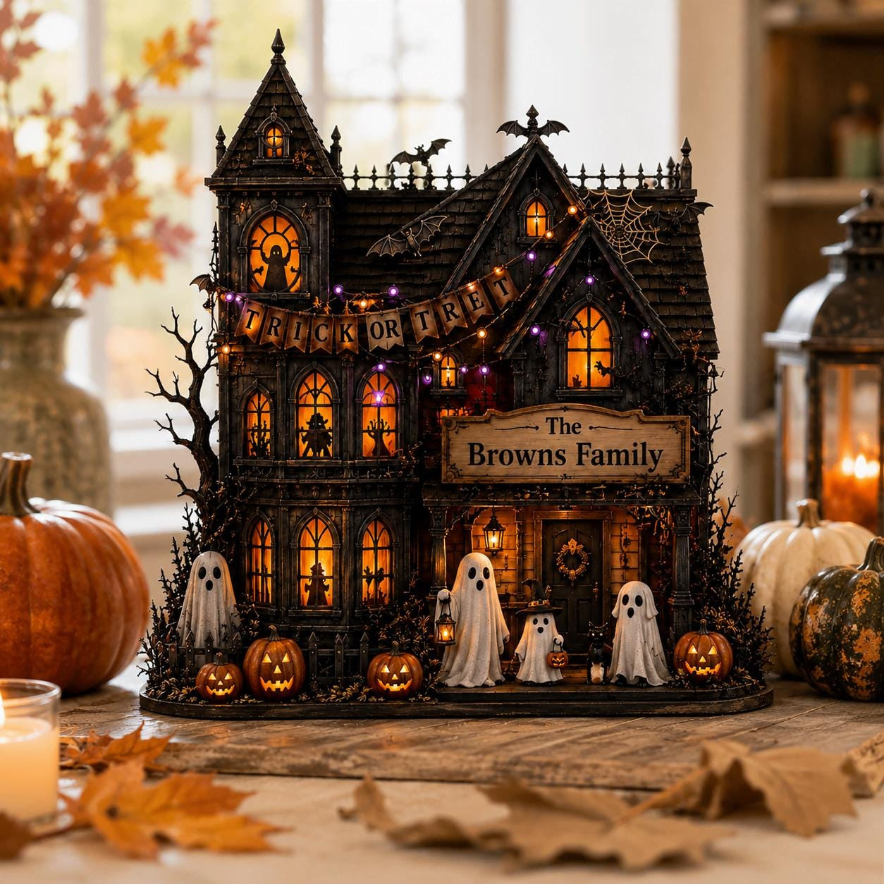 Personalized Haunted House Wood Block, Custom Family Halloween Decor