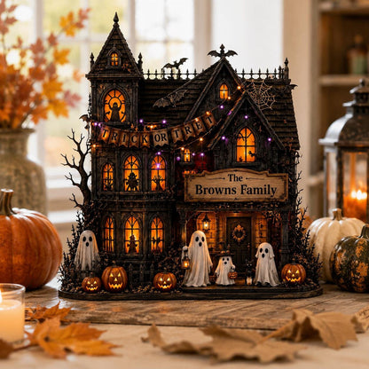 Personalized Haunted House Wood Block, Custom Family Halloween Decor