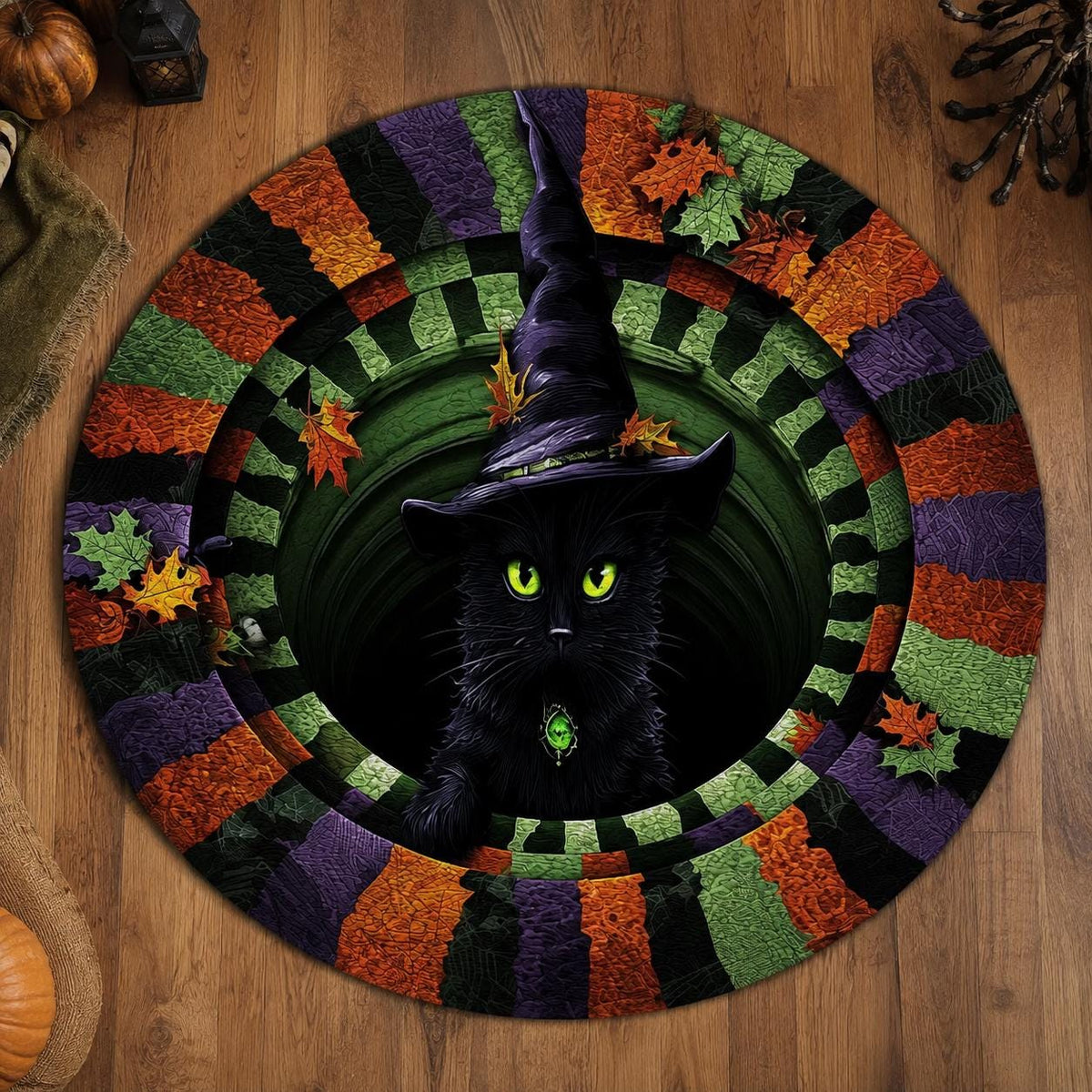 3D Black Cat Witch Halloween Round Rug
