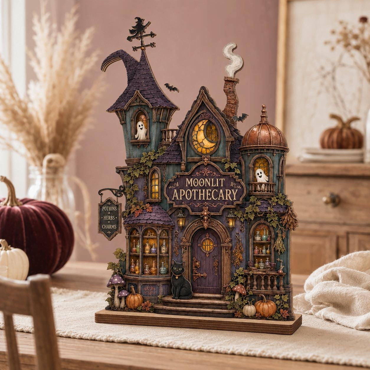 Personalized Moonlit Apothecary Wood Block, Witch Shop Halloween Decor